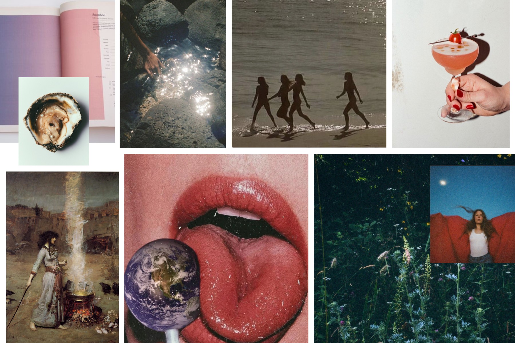 Mood collage: oyster shell, sparkling water over rocks, women walking on the beach, a cocktail, a witch at her cauldron, lips with an earth lollipop, wildflowers under moonlight